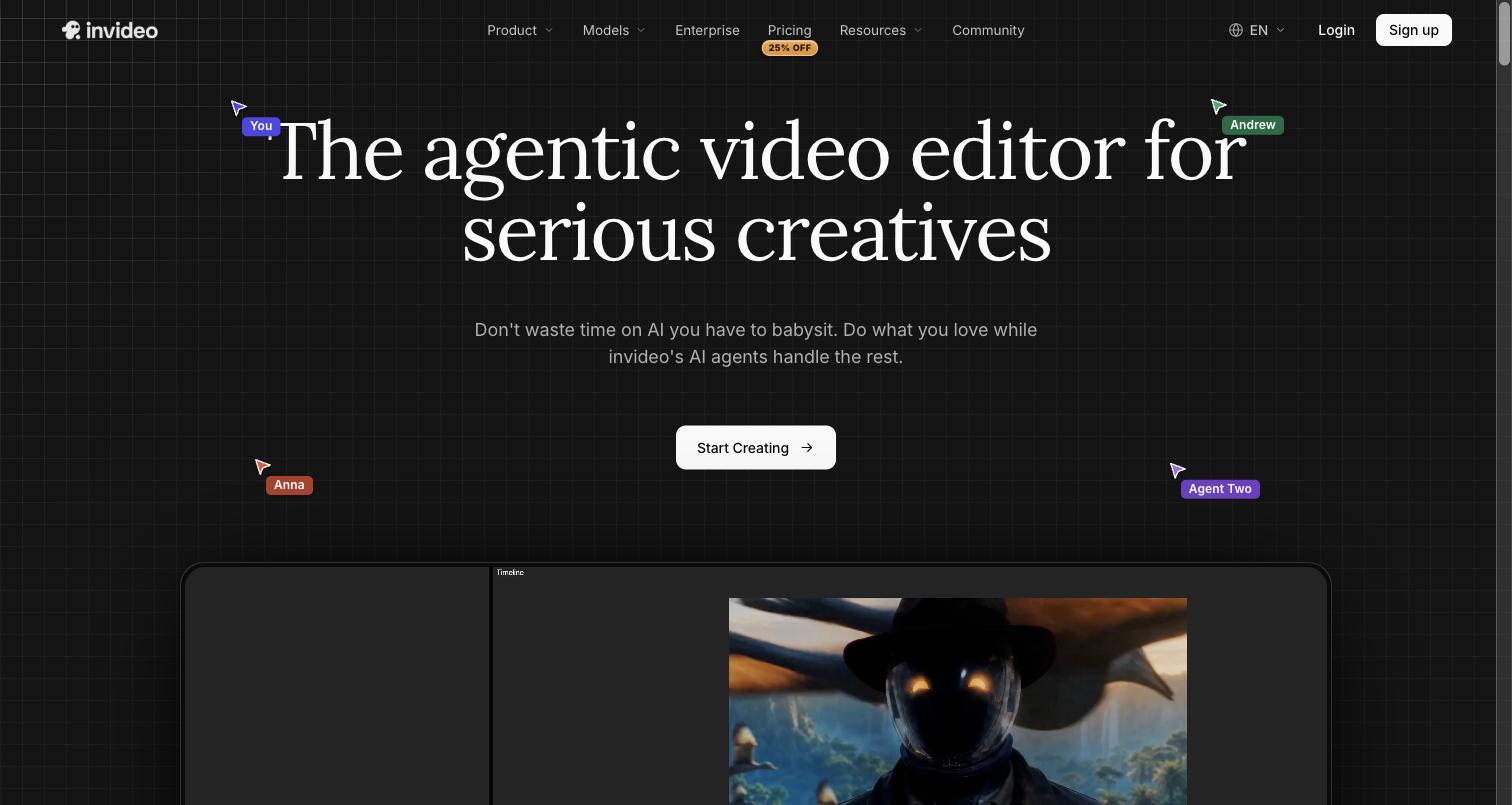 Invideo agentic video editor homepage for editing long YouTube videos with AI