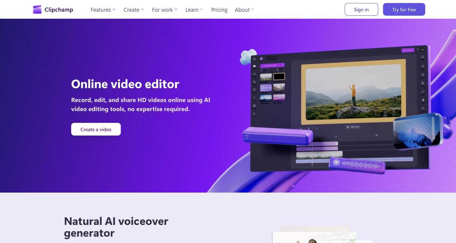 Clipchamp browser-based online video editor with AI editing tools
