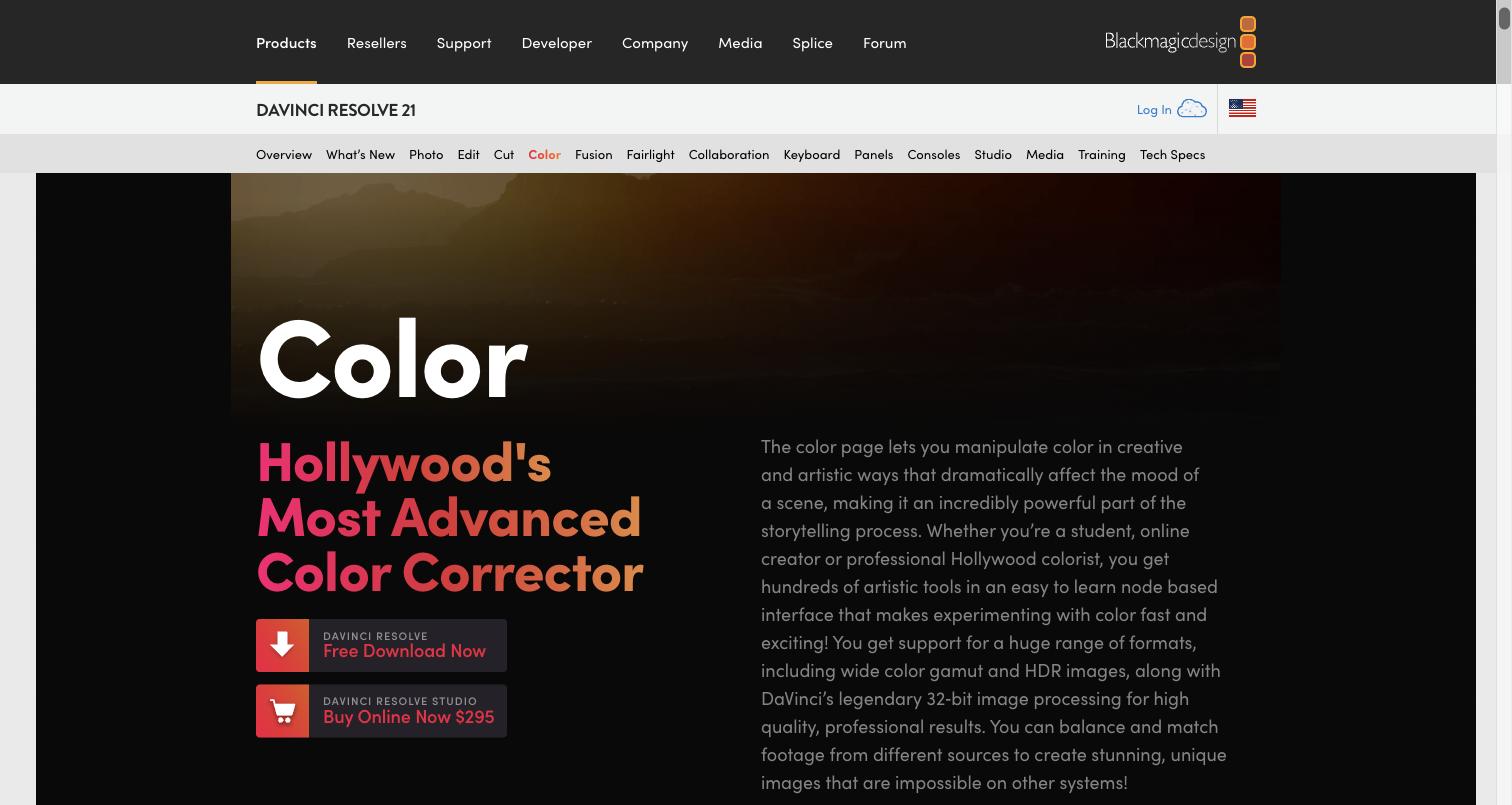 DaVinci Resolve color page for professional color grading and correction