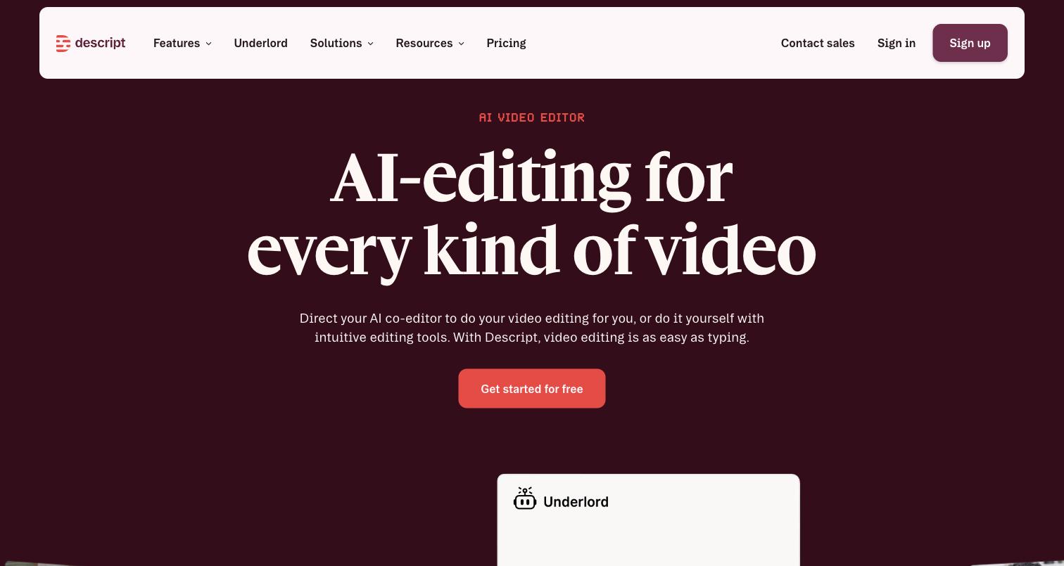 Descript AI video editor for transcript-based editing of dialogue-heavy content