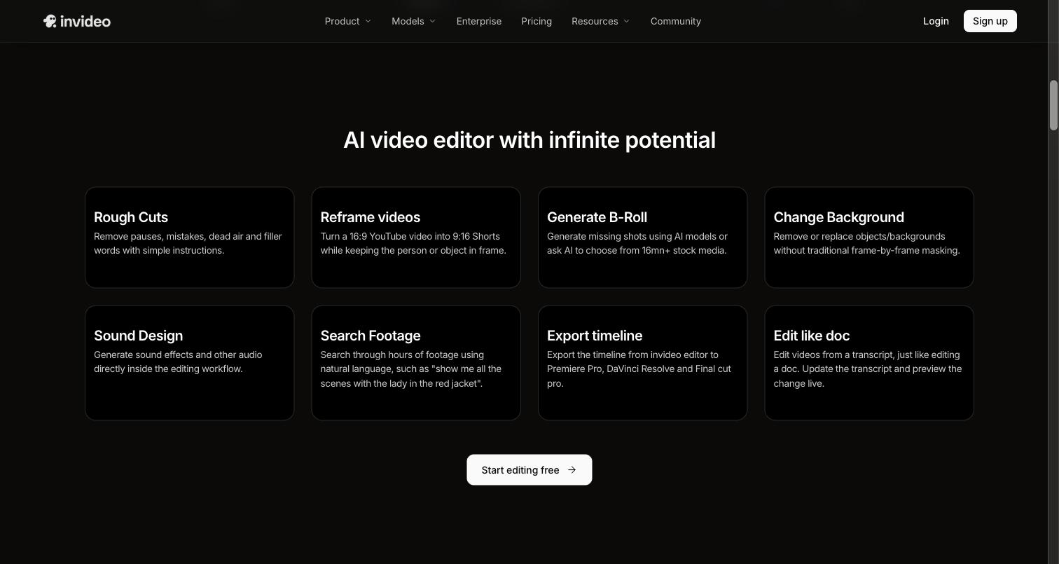 Invideo AI video editor features including rough cuts, footage search and transcript editing