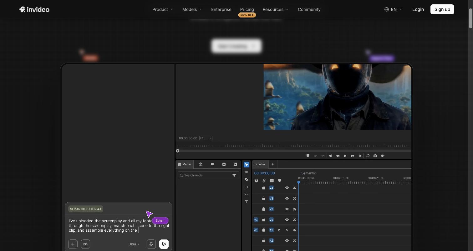 Invideo editor AI agent assembling a first cut from uploaded footage and a screenplay